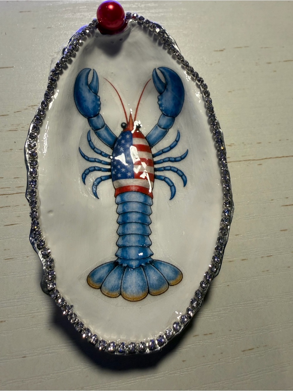 Handmade patriotic blue lobster decoupage oyster Shell trinket dish
